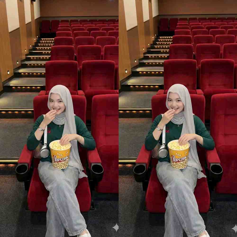 Hasil Prompt Gemini AI: Potret Wanita Dewy Look Duduk di Bioskop Kosong, Estetik dari Sudut Tinggi