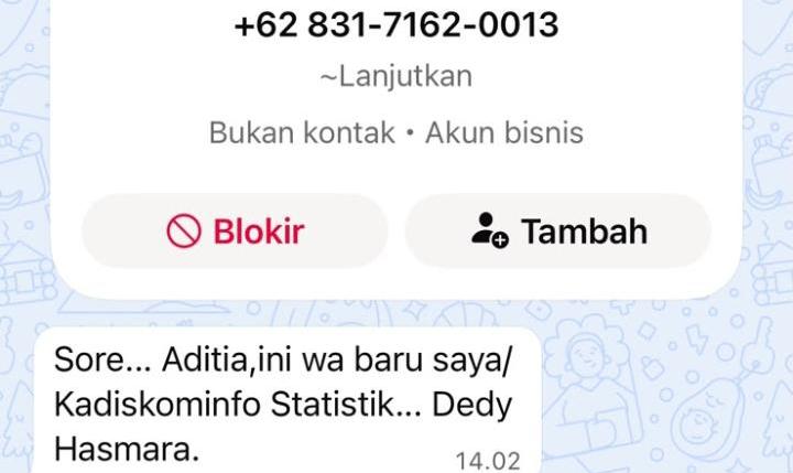 Waspada Penipuan, Nomor WA Mengatasnamakan Kadis Kominfo Metro Beredar