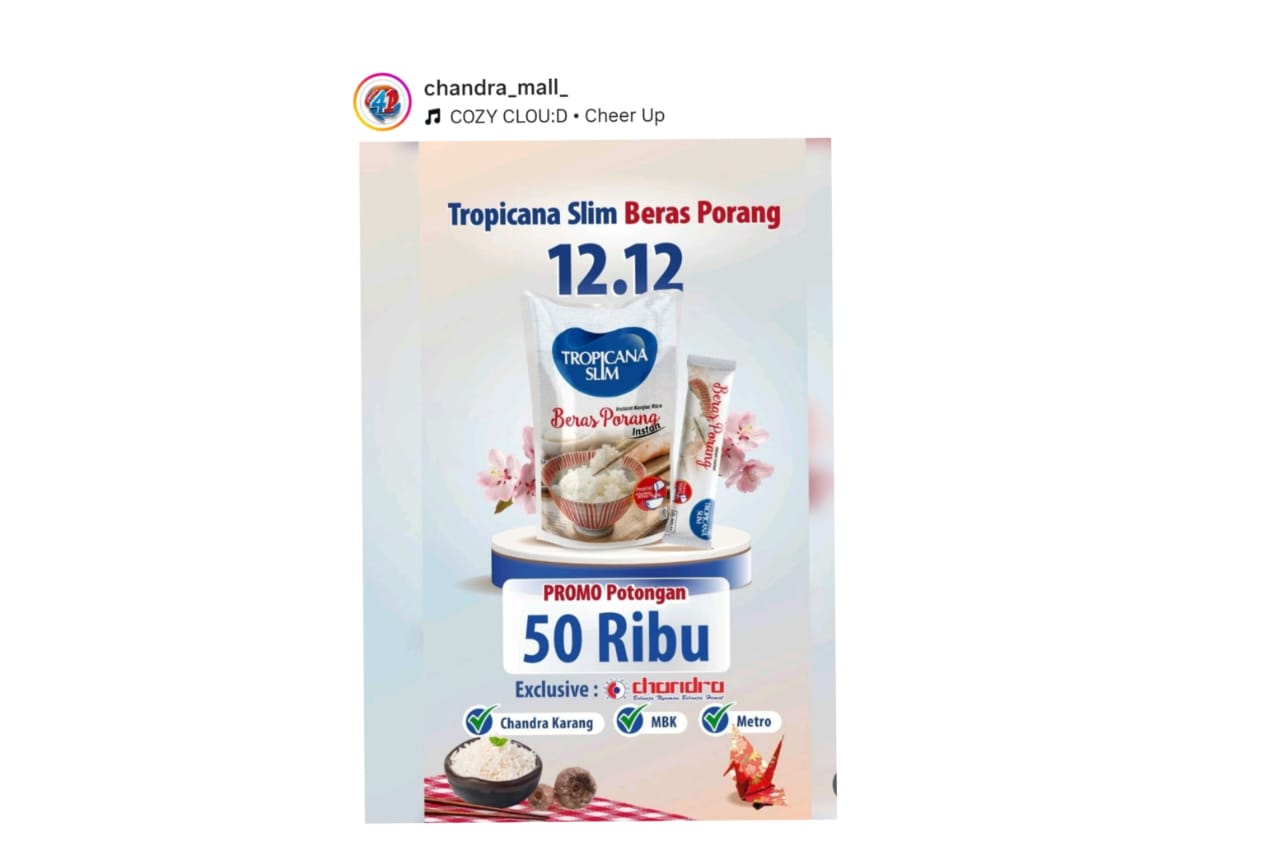 Promo Chandra 12.12 Dapat Voucher Belanja Untuk Beras Porang Tropicana Slim, Ini Tiga Lokasinya,