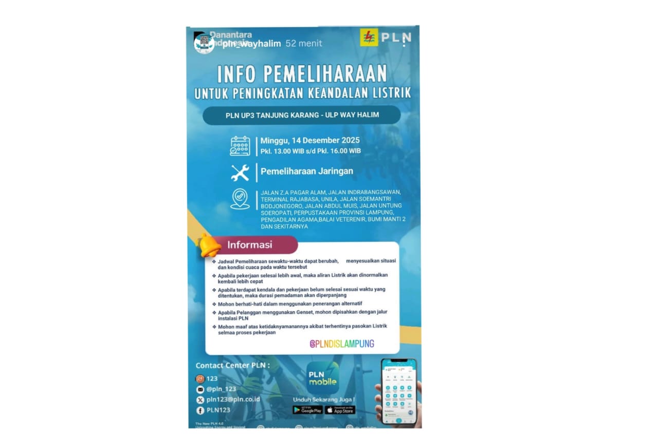 Pemberlakuan Pemadaman Listrik Pada Wilayah PLN UP3 Tanjung Karang - ULP Way Halim Lampung Siang Ini