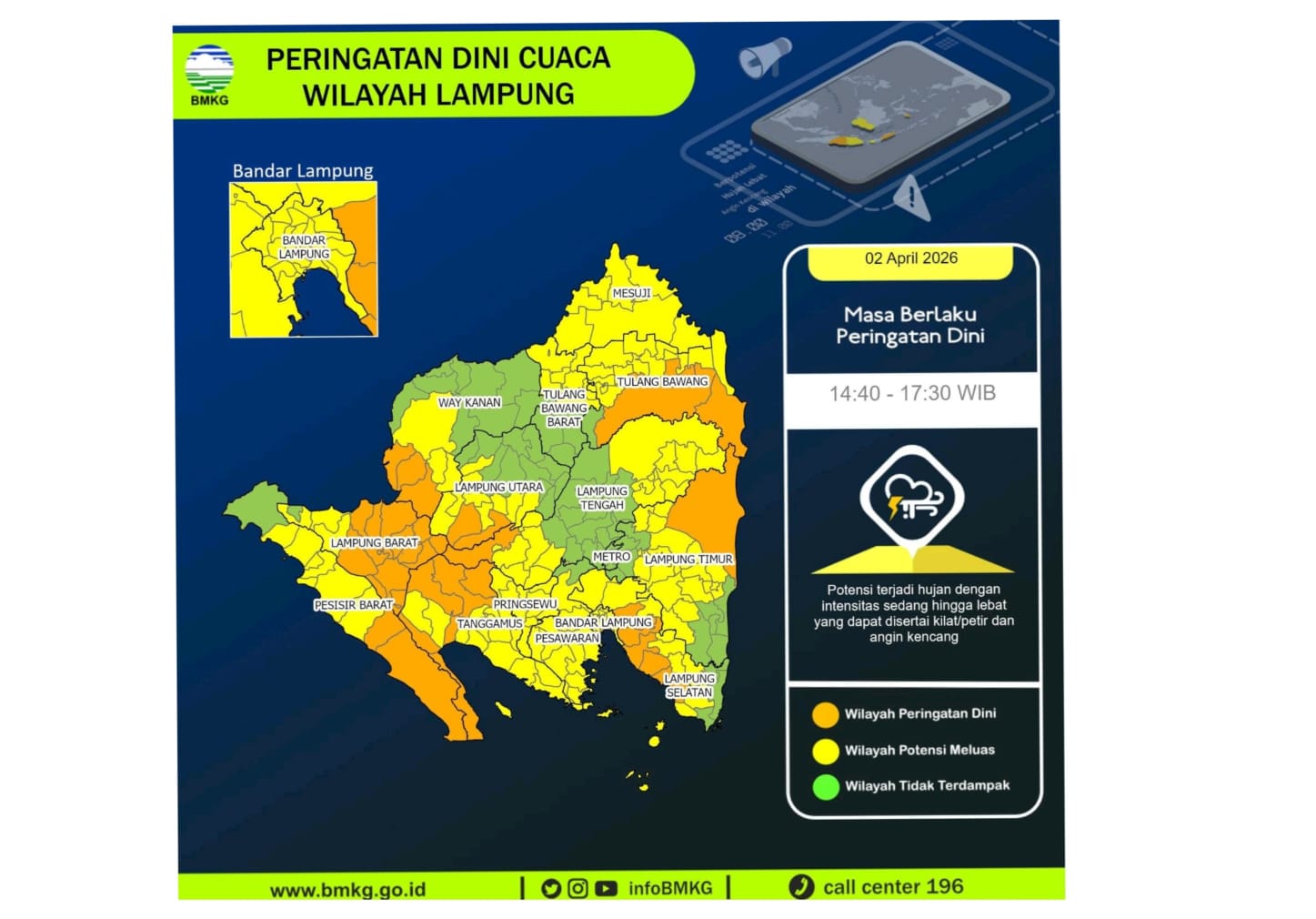 Waspada, BMKG Lampung Prediksi Hujan Lebat dan Angin Kencang Merata di 15 Kabupaten/Kota hingga sore ini.