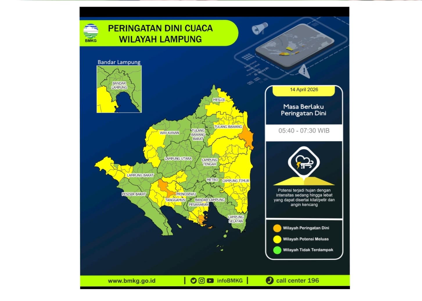 Update Peringatan Dini BMKG 14 April 2026, 12 Wilayah di Lampung Berpotensi Hujan Lebat
