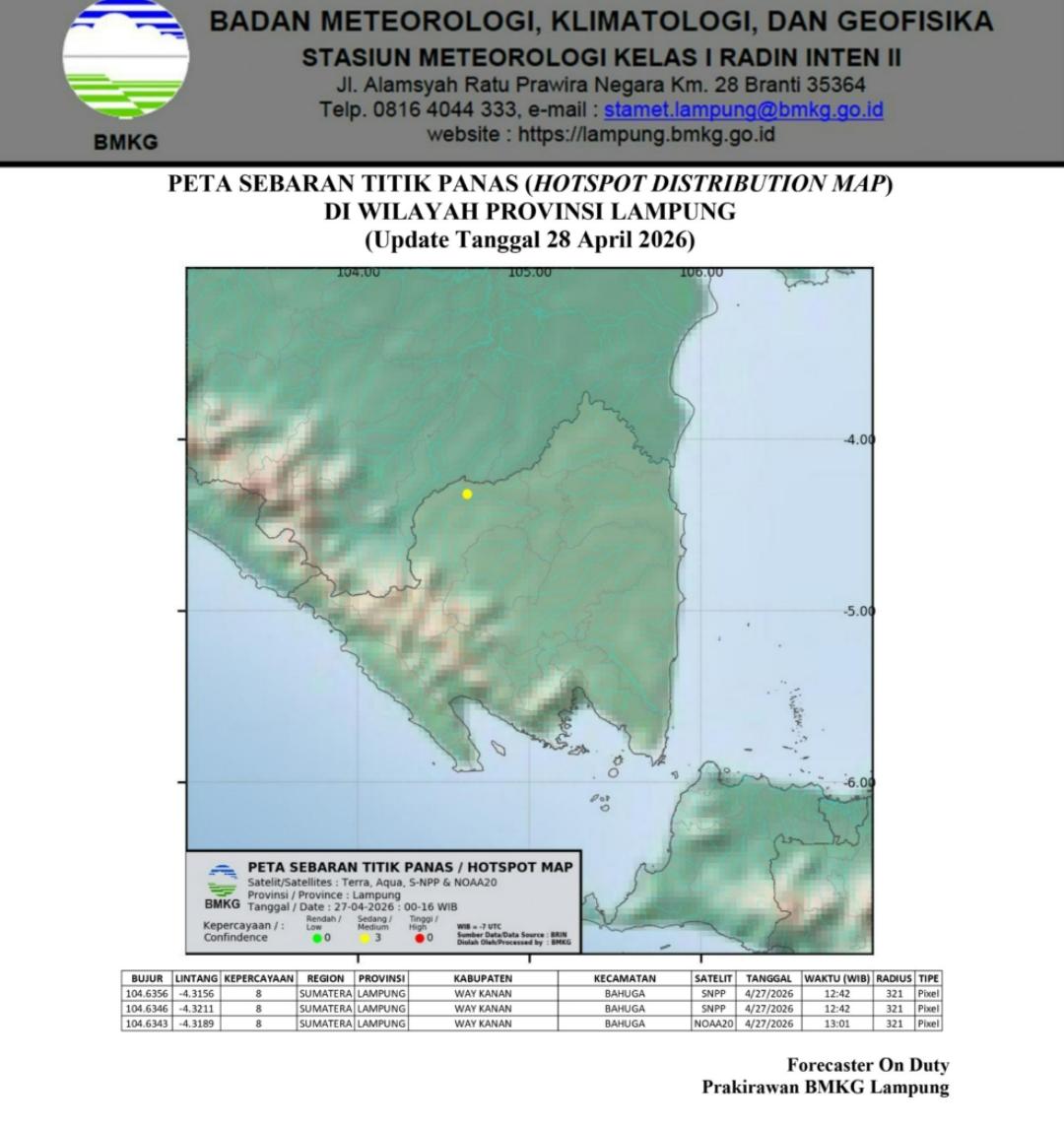 Update BMKG Lampung Selasa 28 April 2026, Peringatan Dini Hujan Lebat hingga Temuan Titik Panas