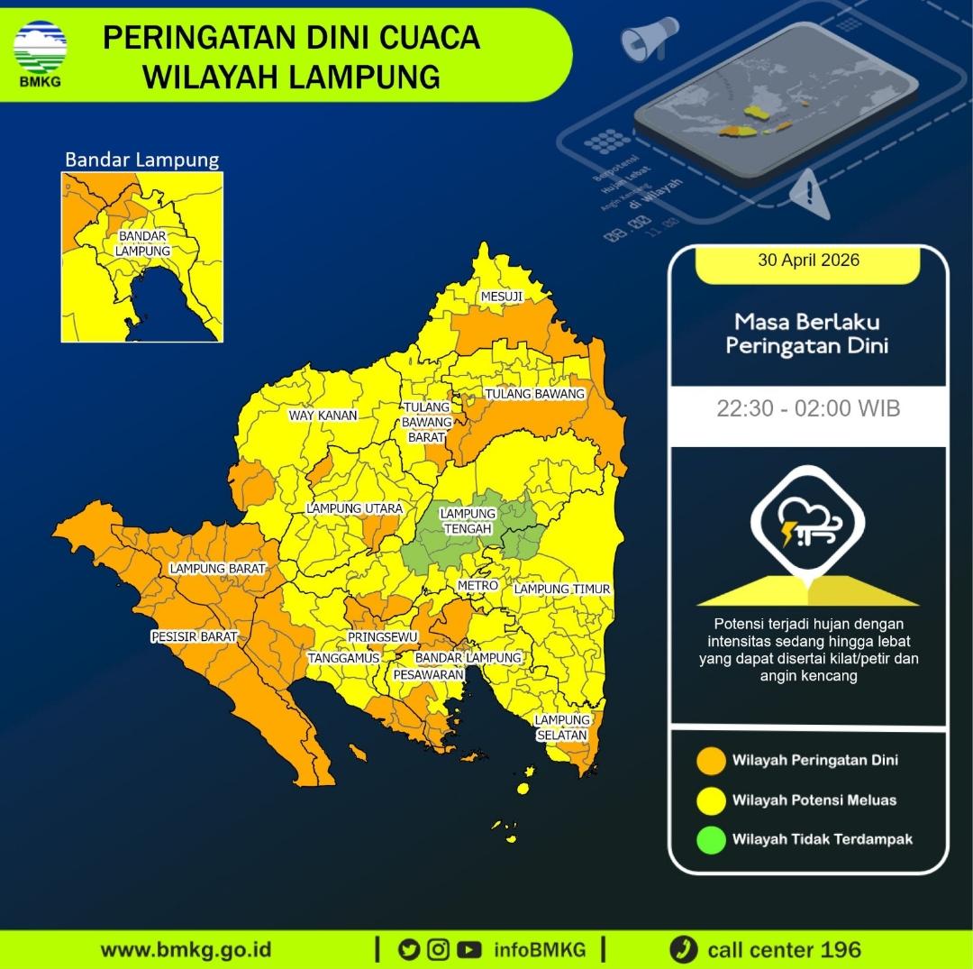 BMKG Ingatkan Potensi Hujan Lebat di Lampung Hingga Dini Hari, Ini Daftar Wilayah Terdampak