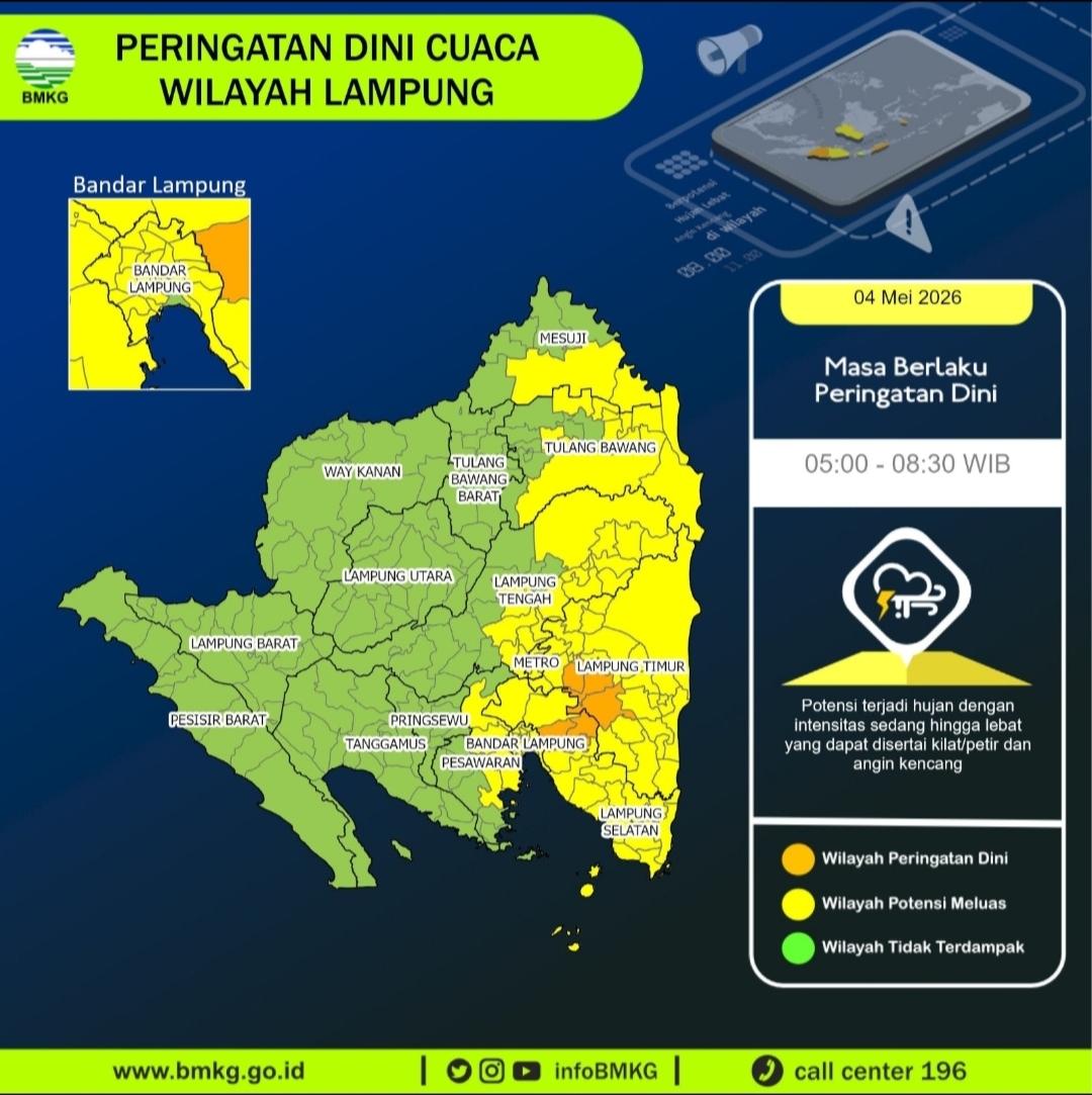 BMKG Lampung Keluarkan Peringatan Dini Cuaca 4 Mei 2026, Waspada Hujan Lebat di Wilayah Ini