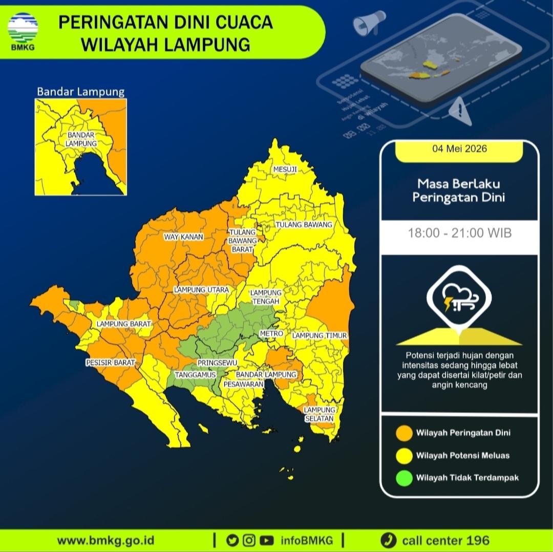 Waspada, BMKG Prediksi Hujan Lebat dan Angin Kencang Guyur Lampung Hingga Pukul 21.00 WIB