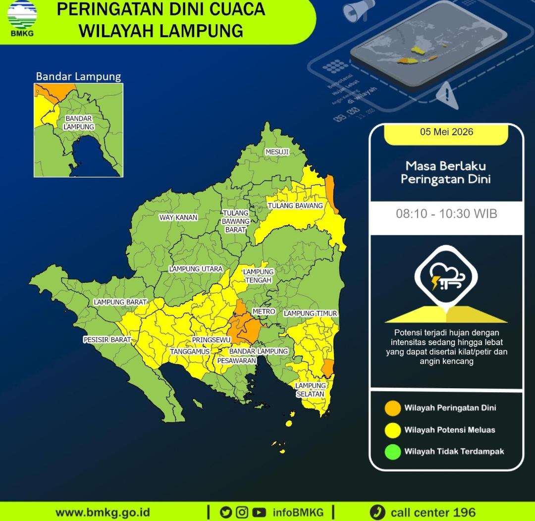 Update BMKG: Daftar Wilayah Lampung yang Berpotensi Hujan Lebat dan Angin Kencang Pagi Ini