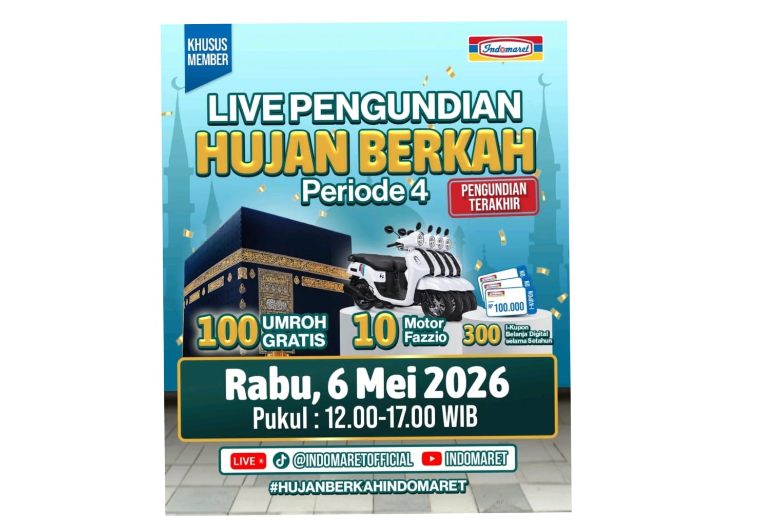Live Pengundian Hujan Berkah Indomaret Siang Ini, Ada 100 Paket Umroh Gratis