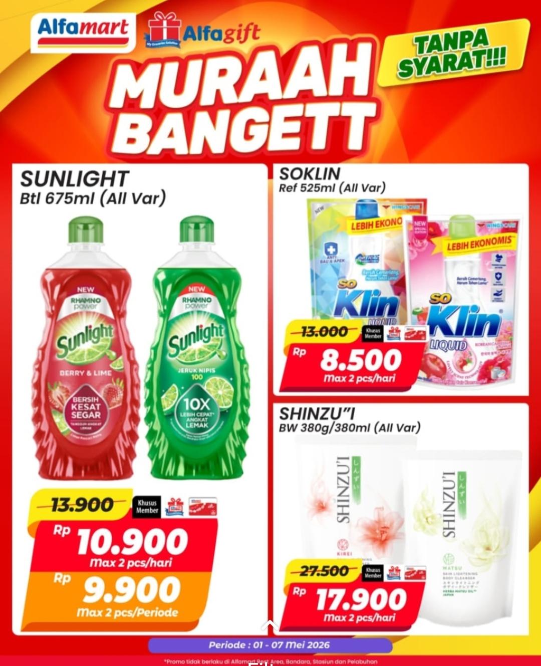 Hari Terakhir, Promo Muraah Bangett Alfamart, Tawarkan Diskon Sunlight hingga Shinzu’i