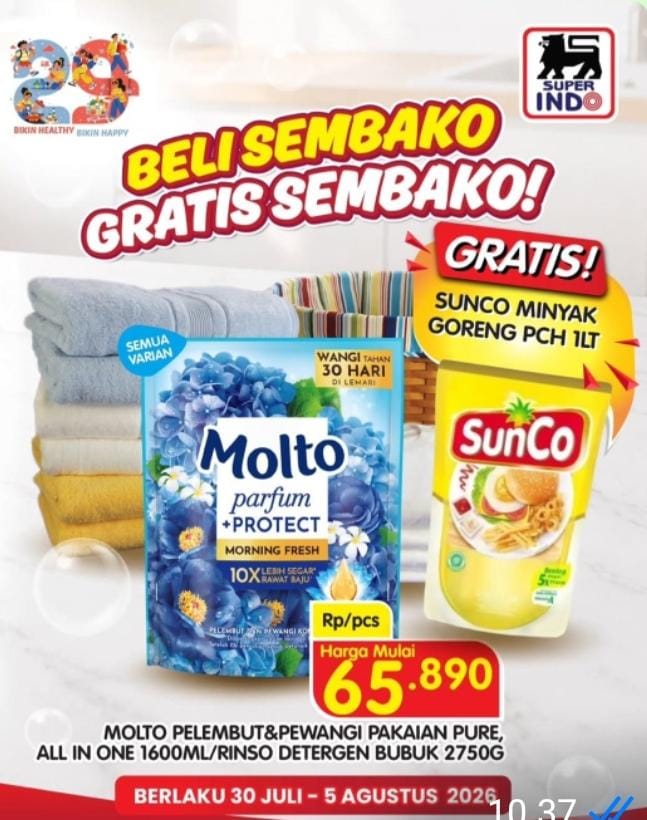 Promo Super Indo Spesial Minggu Ini: Beli Detergen dan Pelembut Pakaian, Gratis Minyak Goreng SunCo 1 Liter.