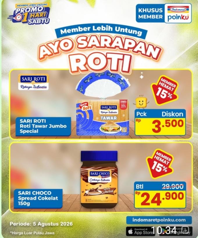 Spesial Member Indomaret, Cek Daftar Harga Promo Roti Tawar dan Selai Cokelat pada 5 Agustus 2026