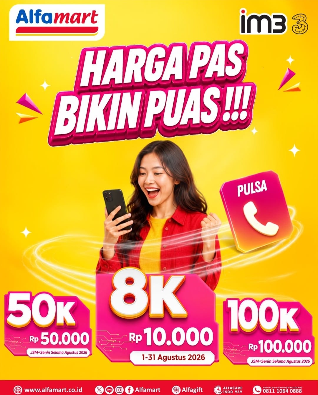 Promo Pulsa IM3 dan Tri di Alfamart Agustus 2026: Isi 50 Ribu dan 100 Ribu Tanpa Biaya Admin