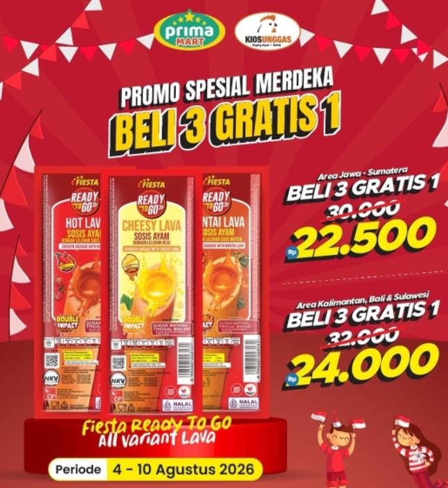Promo Spesial Merdeka Prima Mart,  Beli 3 Gratis 1 Sosis Fiesta Ready To Go Varian Lava