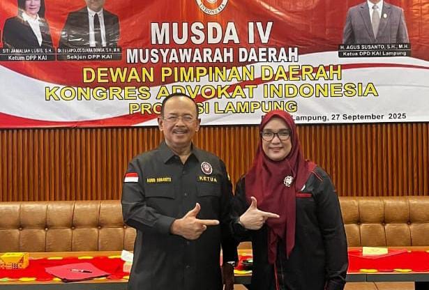Duet Advokat Agus Susanto dan Enita, Ketua & Sekretaris KAI Lampung Periode 2025-2030 Dilantik Besok