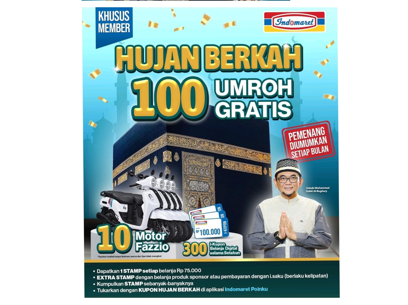 Promo hujan berkah indomaret khusus member, dapatkan 100 umroh gratis.